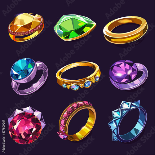 Set of cartoon colorful  gold rings with gems and precious stones