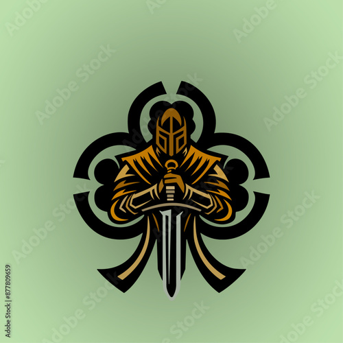 A logo featuring the spade symbol with an gold armored knight holding a sword in front of it, in the vector art style with simple shapes.