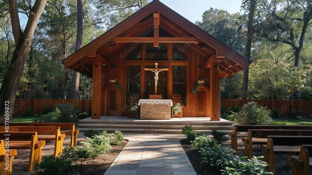 handcrafted wooden Craftsman-style outdoor chapel, featuring a simple altar and natural seating, providing a serene venue for weddings and ceremonies handcrafted wooden Craftsman-style outdoor chapel, featuring a simple altar and natural seating, providing a serene venue for weddings and ceremonies