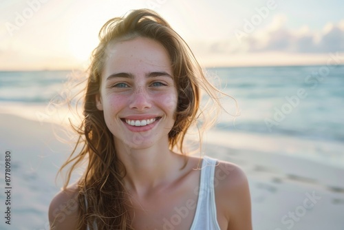 Happy Young pretty woman on the beach