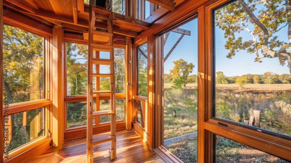 handcrafted wooden Craftsman-style bird watching tower, featuring a hidden access ladder and panoramic viewing windows handcrafted wooden Craftsman-style bird watching tower, featuring a hidden access ladder and panoramic viewing windows