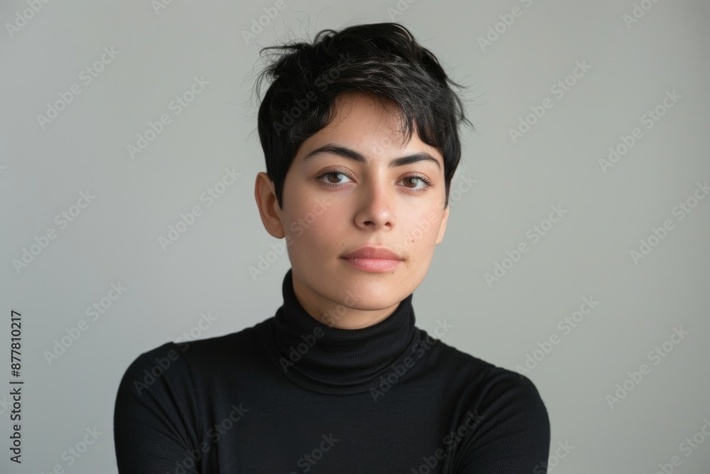 hispanic woman with short hair wears turtleneck looking at camera hispanic woman with short hair wears turtleneck looking at camera