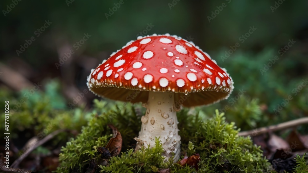 A stunning close-up photograph of a fly agaric mushroom, showcasing its iconic red cap adorned with distinct white spots. The mushroom appears to be glowing slightly, giving it a mystical A stunning close-up photograph of a fly agaric mushroom, showcasing its iconic red cap adorned with distinct white spots. The mushroom appears to be glowing slightly, giving it a mystical