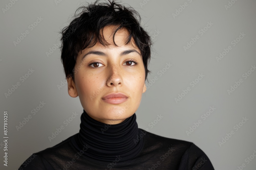 hispanic woman with short hair wears turtleneck looking at camera hispanic woman with short hair wears turtleneck looking at camera