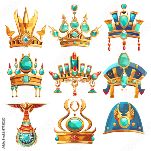 Set of Cartoon Egyptian Crowns with Gemstones