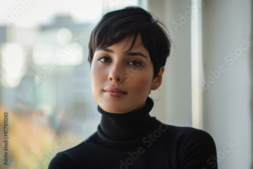 hispanic woman with short hair wears turtleneck looking at camera