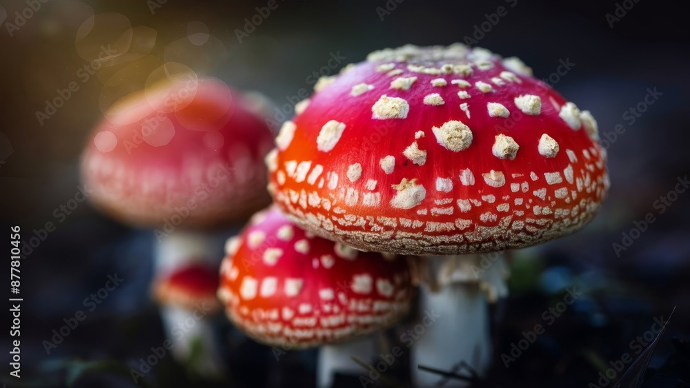 A stunning close-up photograph of a fly agaric mushroom, showcasing its iconic red cap adorned with distinct white spots. The mushroom appears to be glowing slightly, giving it a mystical A stunning close-up photograph of a fly agaric mushroom, showcasing its iconic red cap adorned with distinct white spots. The mushroom appears to be glowing slightly, giving it a mystical