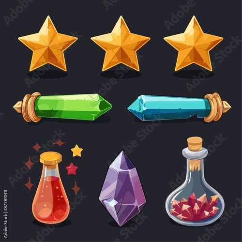 Cartoon Game Assets. Stars, Potions, and Crystals