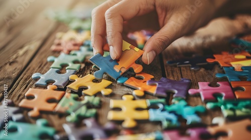 A close-up of hands solving a jigsaw puzzle, with colorful pieces scattered on a wooden table, depicting concentration and problem-solving skills