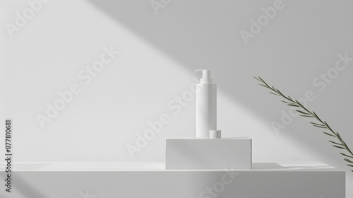 A minimalistic setup featuring a clean white desk with a single product and a small price tag, against a plain background