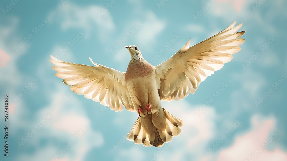 A serene image of a dove flying freely in the sky, with its wings spread wide, symbolizing peace and freedom A serene image of a dove flying freely in the sky, with its wings spread wide, symbolizing peace and freedom
