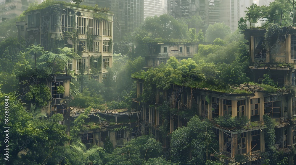 A post-apocalyptic landscape with abandoned buildings overrun by dense forest, trees and vines reclaiming the structures, symbolizing nature's dominance at the end of the world A post-apocalyptic landscape with abandoned buildings overrun by dense forest, trees and vines reclaiming the structures, symbolizing nature's dominance at the end of the world