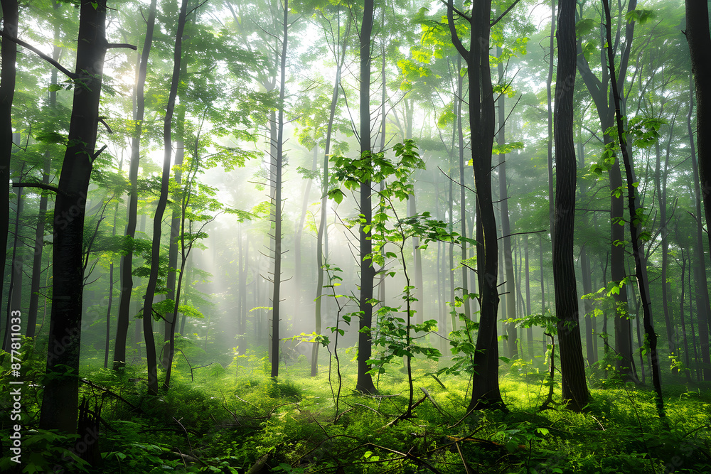 Peaceful misty morning scene in a dense forest with soft sunlight and fog Peaceful misty morning scene in a dense forest with soft sunlight and fog