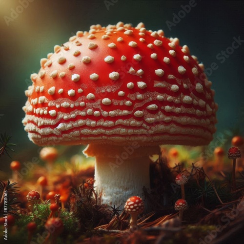 A stunning close-up photograph of a fly agaric mushroom, showcasing its iconic red cap adorned with distinct white spots. The mushroom appears to be glowing slightly, giving it a mystical photo