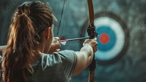 Backview of the archer throwing an arrow towards the target bullseye, showcasing the precision of Olympics Paris, Olympics London, and Paralympics archery events.
