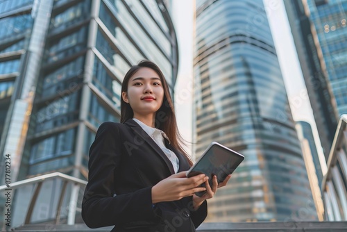 Asian business woman in a black suit holding a tablet while standing on the steps against the backdrop of business centers - generative ai