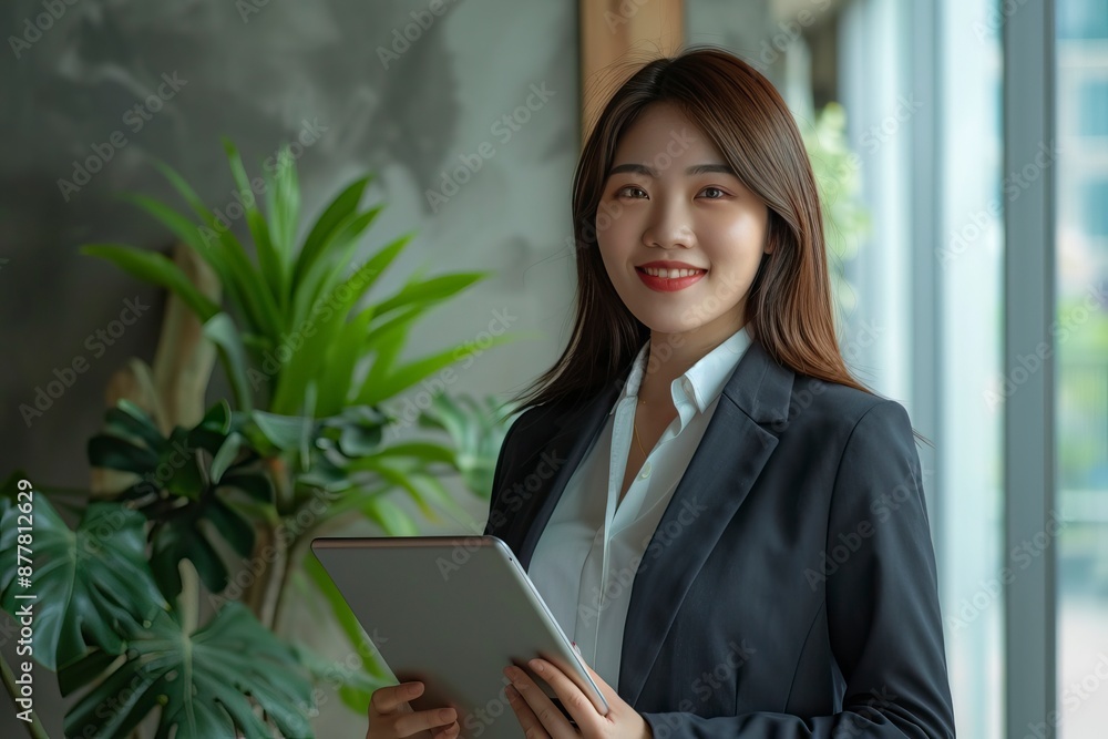 Asian businesswoman in the suit standing confidently holding iPad or tablet in hand and smiling in the office - generative ai Asian businesswoman in the suit standing confidently holding iPad or tablet in hand and smiling in the office - generative ai