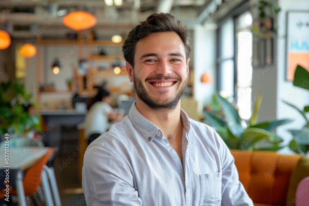smiling millennial male employee in coworking office smiling millennial male employee in coworking office