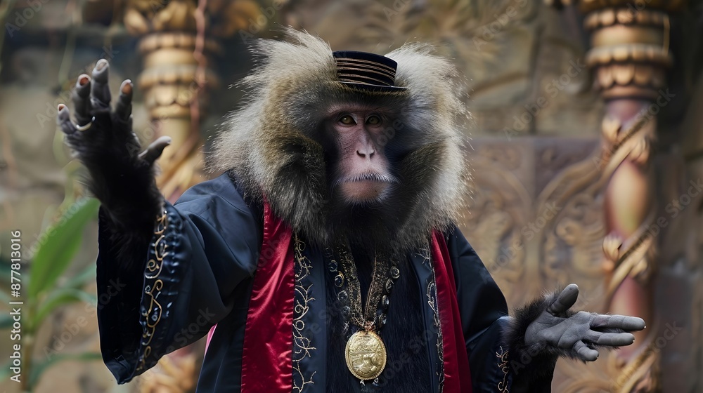 Lion-tailed Macaque in a magician’s outfit, performing tricks. Lion-tailed Macaque in a magician’s outfit, performing tricks.