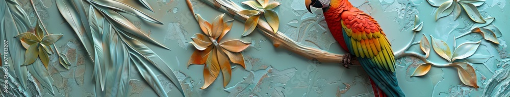 Obraz premium Abstract Exquisite 3D Relief Parrot: A vivid mural illustration that brings the elegance of birds to your space, crafted by artificial intelligence art