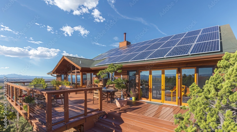 ranch-style home with a sprawling, sunny deck and an array of solar panels on the roof ranch-style home with a sprawling, sunny deck and an array of solar panels on the roof