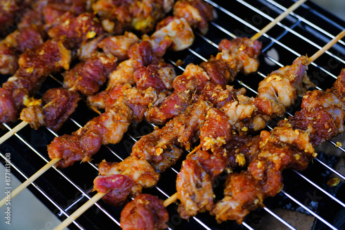 Lamb Satay grilled with Indonesian Maranggi Seasoning. Lamb meat is skewered with bamboo sticks and then grilled over charcoal. Delicious Foods. Indonesian Gourmet.Traditional Cuisine. Food Photograph photo