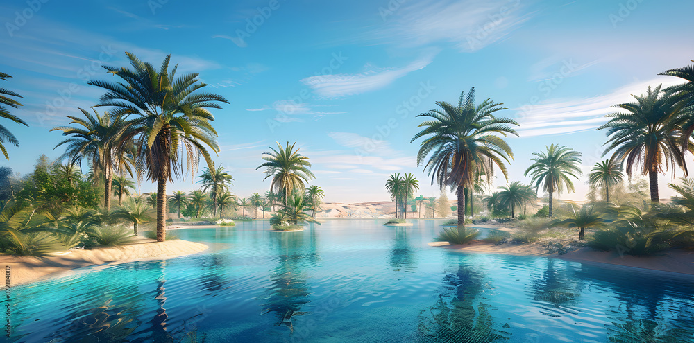 Idyllic panoramic view of a desert oasis, a peaceful retreat amidst arid landscapes Idyllic panoramic view of a desert oasis, a peaceful retreat amidst arid landscapes