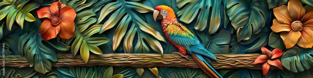 Obraz premium Abstract Exquisite 3D Relief Parrot: A vivid mural illustration that brings the elegance of birds to your space, crafted by artificial intelligence art