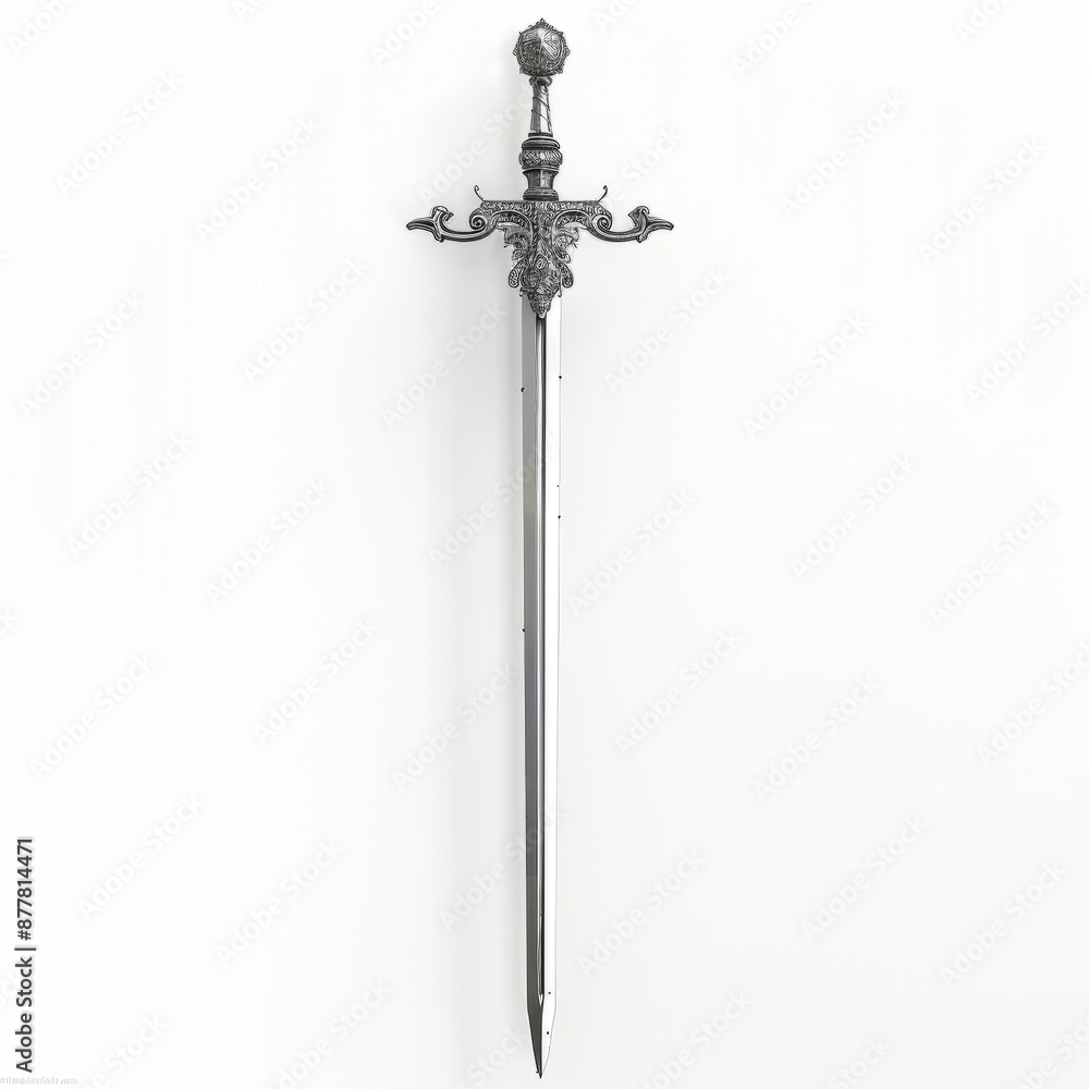 3D Render, Low Poly style of a heroic sword with ornate crossguard, on isolated white background, Generative AI 3D Render, Low Poly style of a heroic sword with ornate crossguard, on isolated white background, Generative AI