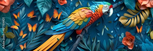 Abstract Exquisite 3D Relief Parrot: A vivid mural illustration that brings the elegance of birds to your space, crafted by artificial intelligence art photo