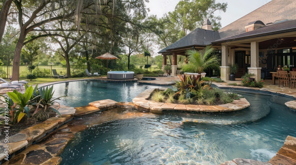 ranch home with a backyard oasis, including a pool, hot tub, and tropical landscaping ranch home with a backyard oasis, including a pool, hot tub, and tropical landscaping