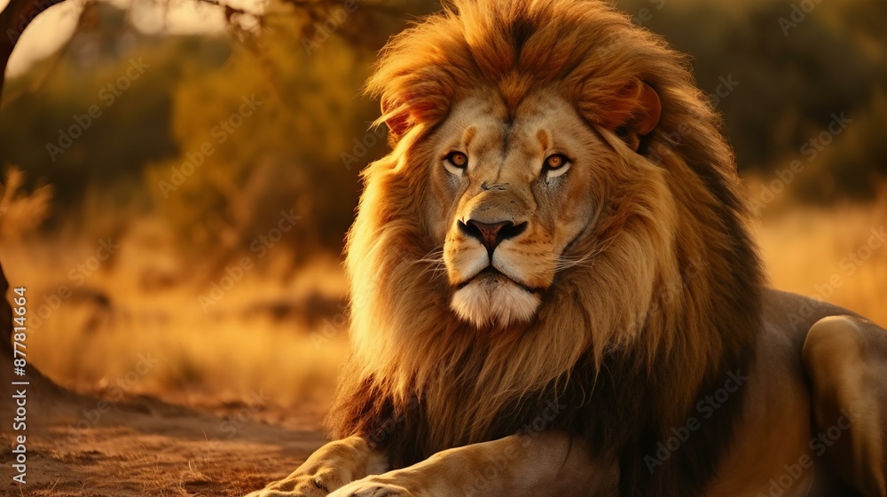 Majestic Lion Walking in Golden Savanna at Sunset Majestic Lion Walking in Golden Savanna at Sunset