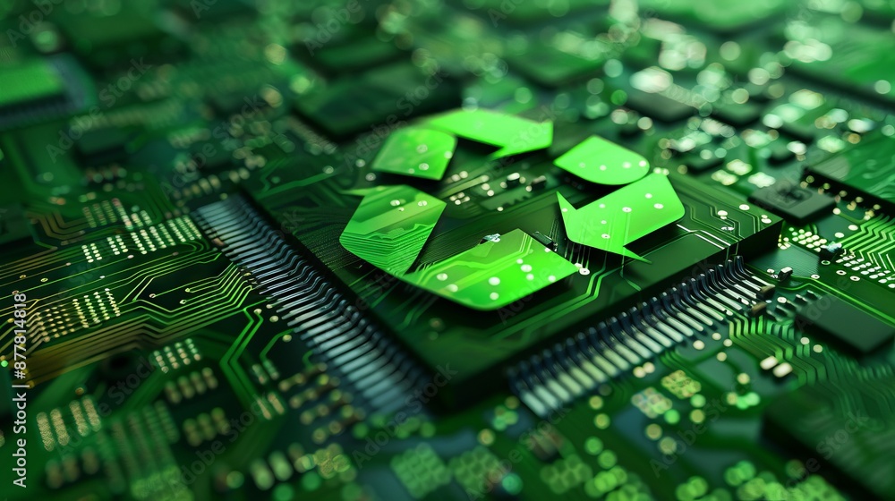 Concept of green technology. Green recycle sign on circuit board technology innovations. Environment Green Technology Computer Chip. Green Computing for business background. Concept of green technology. Green recycle sign on circuit board technology innovations. Environment Green Technology Computer Chip. Green Computing for business background.