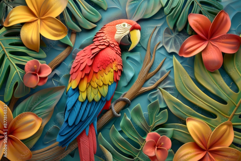 Obraz premium Abstract Exquisite 3D Relief Parrot: A vivid mural illustration that brings the elegance of birds to your space, crafted by artificial intelligence art