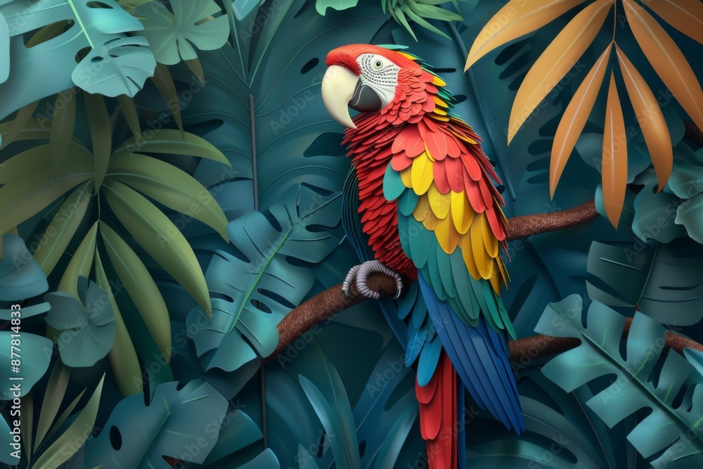 Obraz premium Abstract Exquisite 3D Relief Parrot: A vivid mural illustration that brings the elegance of birds to your space, crafted by artificial intelligence art