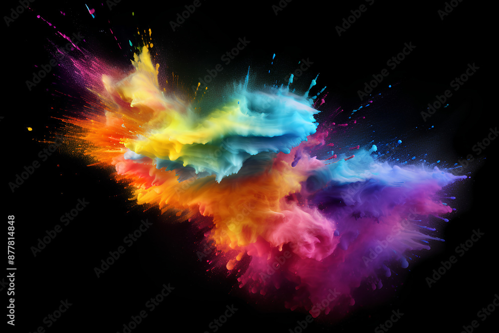 Rainbow chalk pieces and flying dust, burst effect isolated white background Rainbow chalk pieces and flying dust, burst effect isolated white background