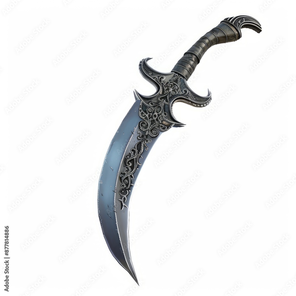 Fototapeta premium 3D Render, Low Poly style of a mythical scimitar with curved blade and ornate handle, on isolated white background, Generative AI
