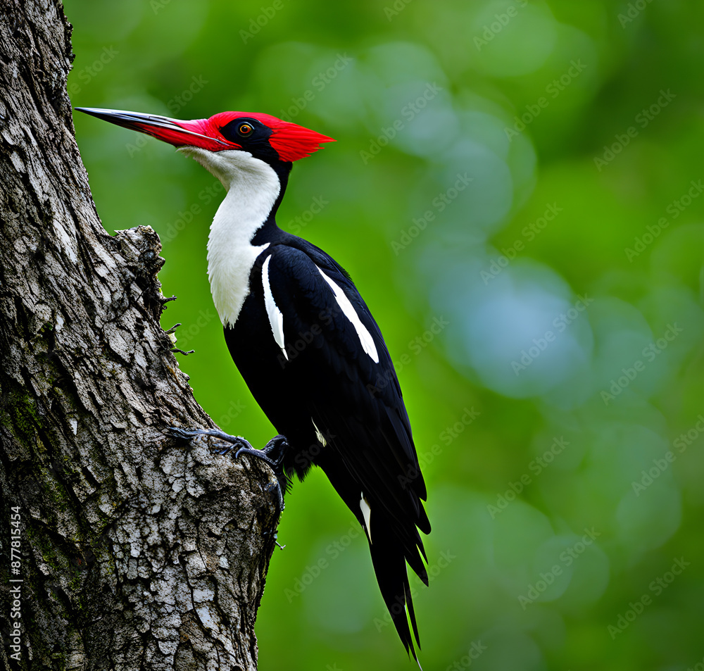 Fototapeta premium Ivory billed woodpecker, highlighting its long ivory bill and piercing red crest. A close-up portrait of Campephilus principalis