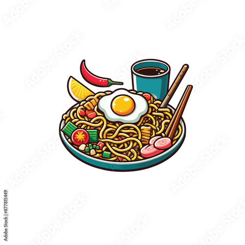 Asian stir fry noodles recipe illustration vector. Chinese stir fry noodles with carrots and onions recipe. Japanese soba noodles. Asian food noodle drawing.