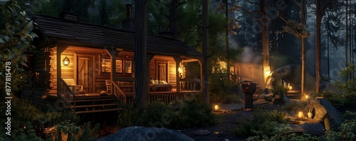 Cozy woodland cabin with rustic charm and scenic views © faxi art