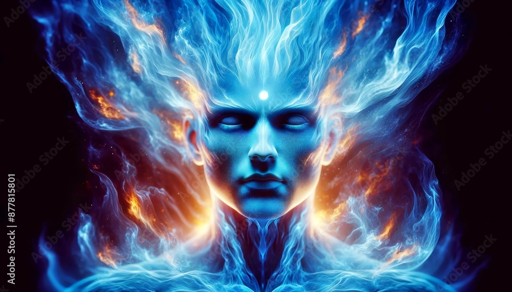 A man's face is shown in a blue and orange color scheme. The blue and orange colors are used to create a sense of energy and excitement. The man's face is surrounded by flames