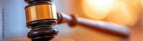 Close-up of a wooden gavel and soundblock on a table, symbolizing law and justice in a courtroom setting with blurred background lighting. photo