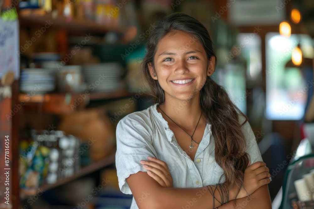 Young latin shopkeeper girl with arms crossed smiling happy Young latin shopkeeper girl with arms crossed smiling happy