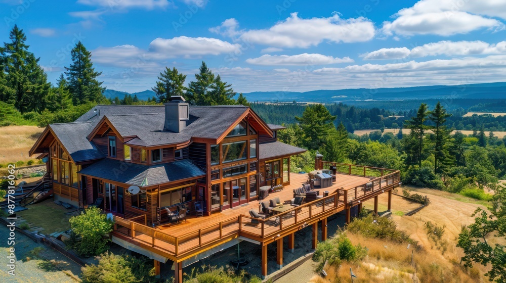 ranch home with a large, wrap-around deck and a view of the surrounding hills and forests ranch home with a large, wrap-around deck and a view of the surrounding hills and forests