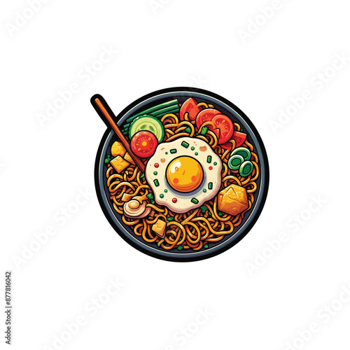 Asian stir fry noodles recipe illustration vector. Chinese stir fry noodles with carrots and onions recipe. Japanese soba noodles. Asian food noodle drawing.