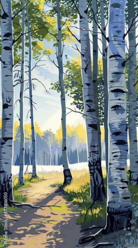 Whimsical Birch Forest Abstract: An enchanting illustration of birch trees set in a magical woodland photo