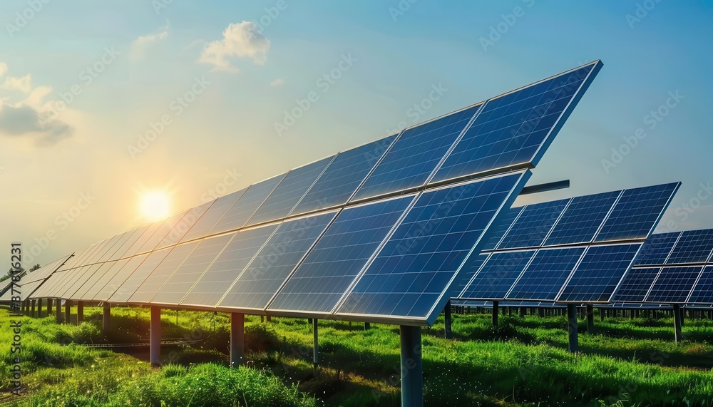Solar panels in a field capturing sunlight and converting it into renewable energy. The sun is setting in the background. Solar panels in a field capturing sunlight and converting it into renewable energy. The sun is setting in the background.
