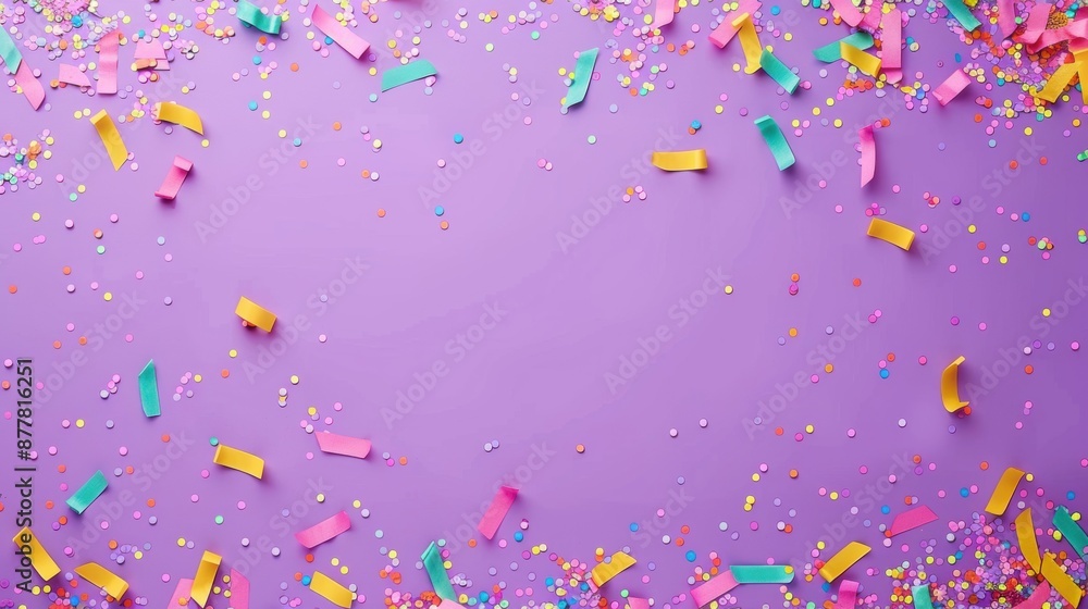 Bright, colorful confetti and streamers scattered on a vibrant purple background, perfect for celebratory events and festive decorations. Bright, colorful confetti and streamers scattered on a vibrant purple background, perfect for celebratory events and festive decorations.