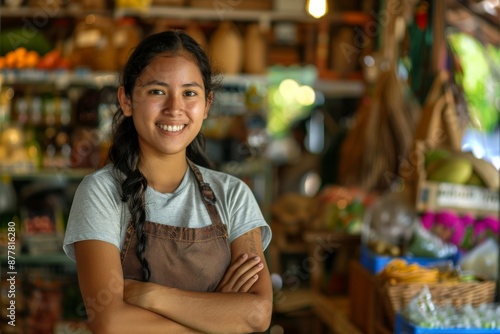 Young latin shopkeeper girl with arms crossed smiling happy