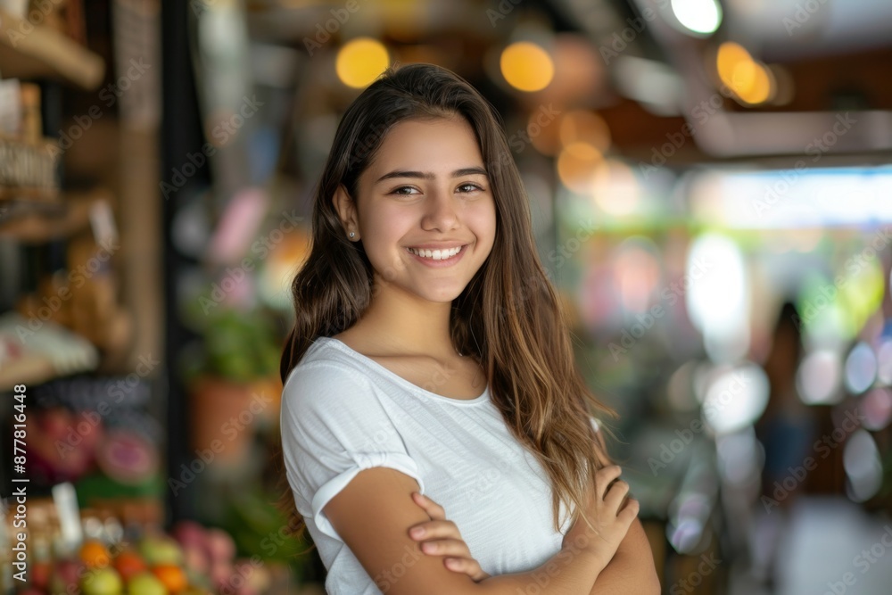Young latin shopkeeper girl with arms crossed smiling happy Young latin shopkeeper girl with arms crossed smiling happy